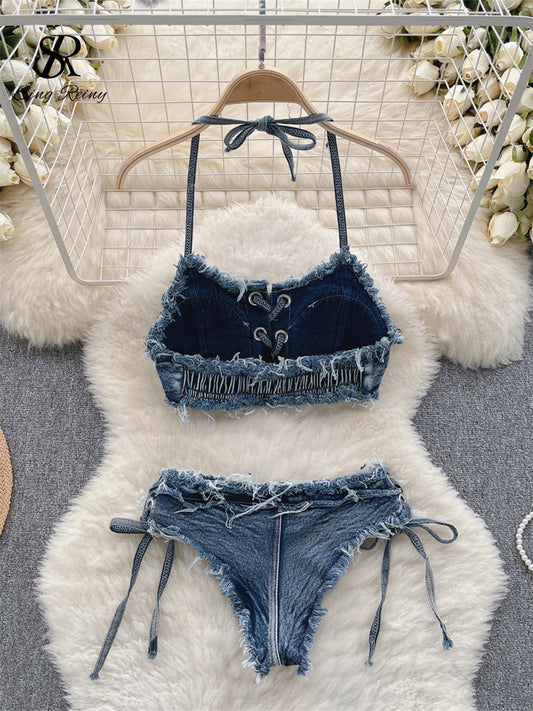 #140 Bikini Denim Suits Summer Halter Camis+ Mini Pant Lingerie