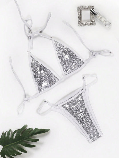 #46 Open Back Lace-up Sequin Three-Point Triangle Split Bikini