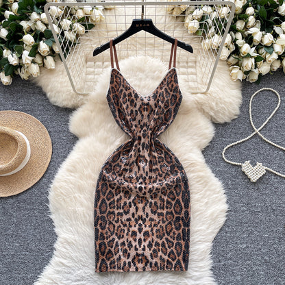 #134 Sexy Sleeveless sequin Elastic leopard Bodycon