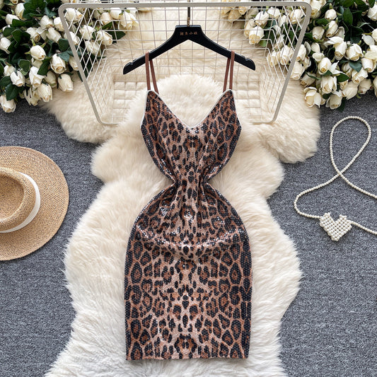#134 Sexy Sleeveless sequin Elastic leopard Bodycon