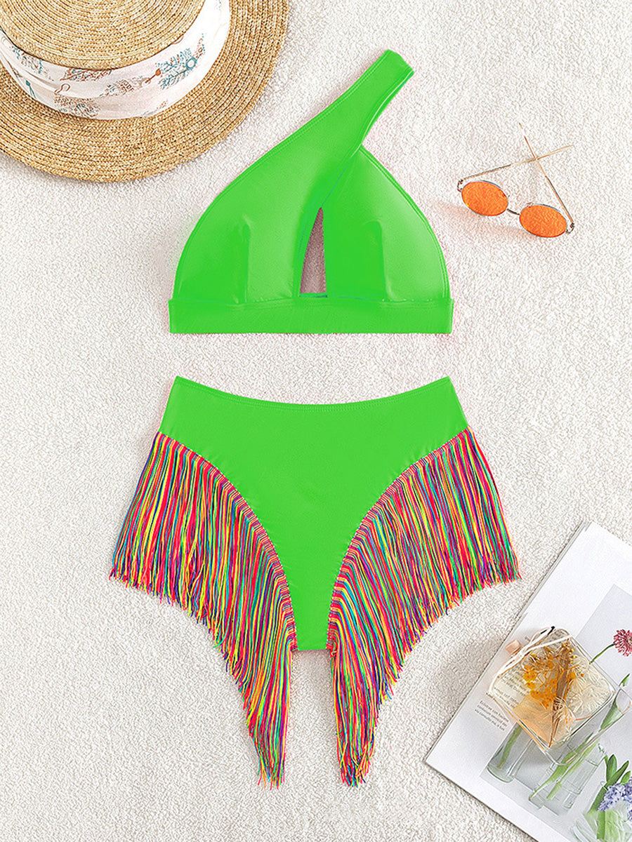 #13 Fringe Tassel One Shoulder High Waist Bikini