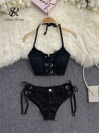#140 Bikini Denim Suits Summer Halter Camis+ Mini Pant Lingerie