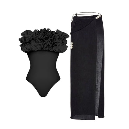 #50 High Quality Luxury Woman Swimsuit Flower Ruffle Solid