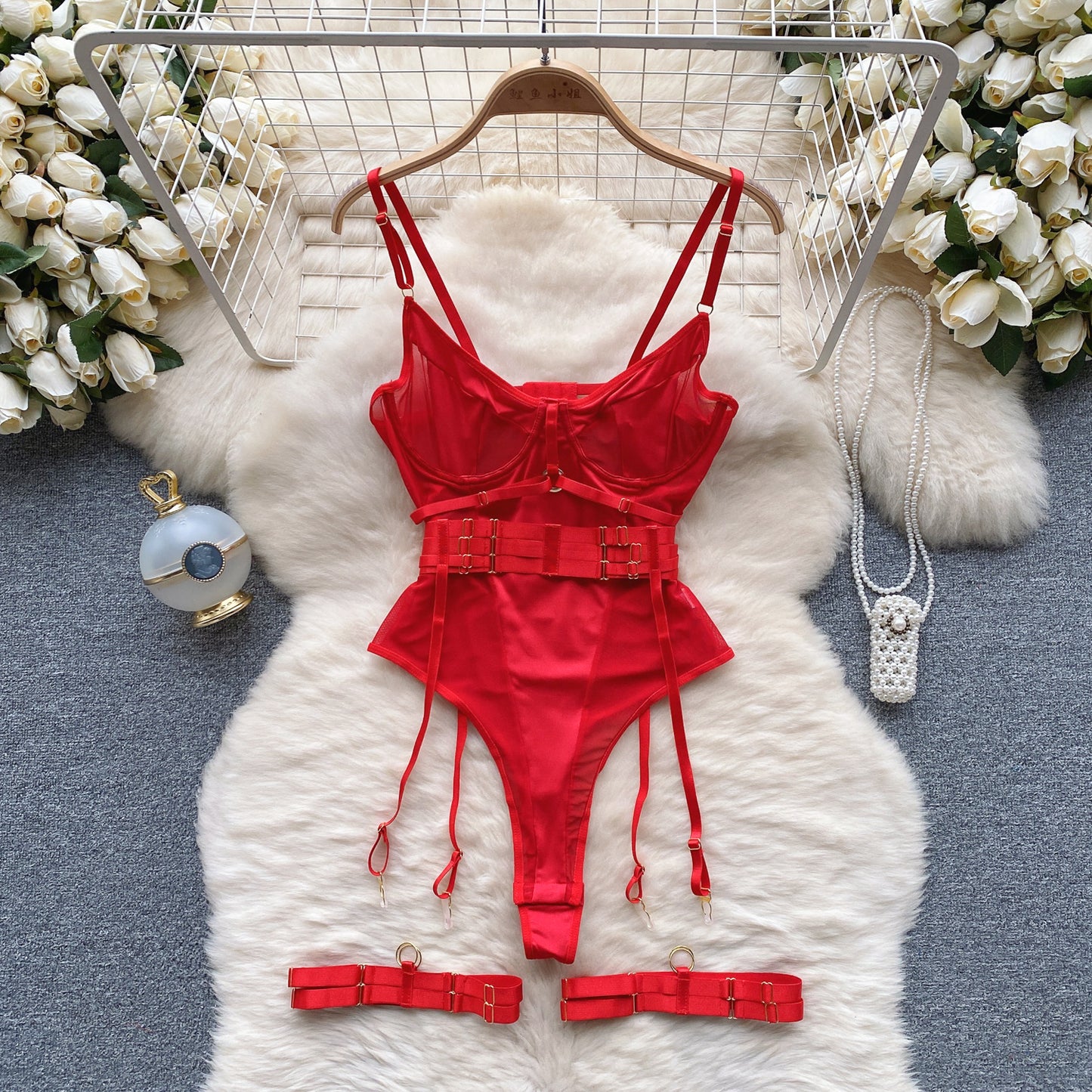 #132 Women Hotsweet Mesh Vintage Straps Bodysuits