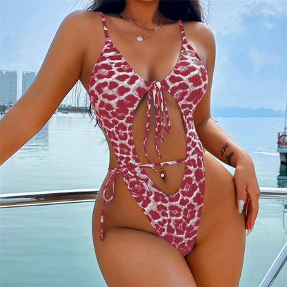 #121 Leopard Tummy Cut Out Knotted One Piece Swimsuit