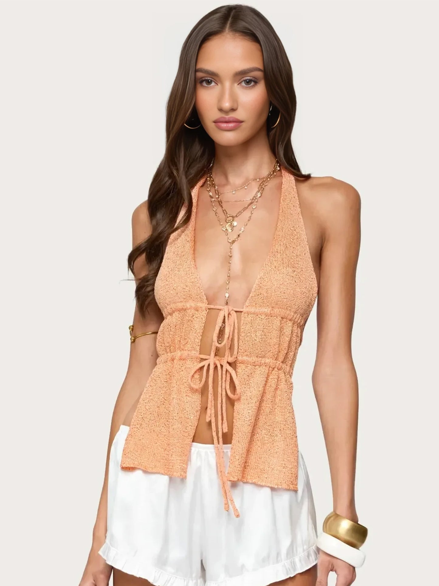 #148 Blue Halter Neck Backless Drawstring Camisole