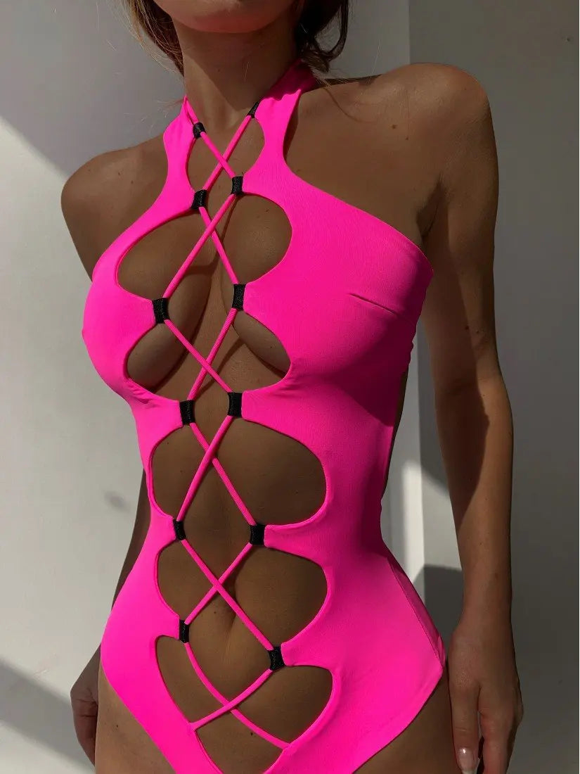 #1 High Neck Solid Black Cut Out Backless Monokini Bandage Bathing Suit