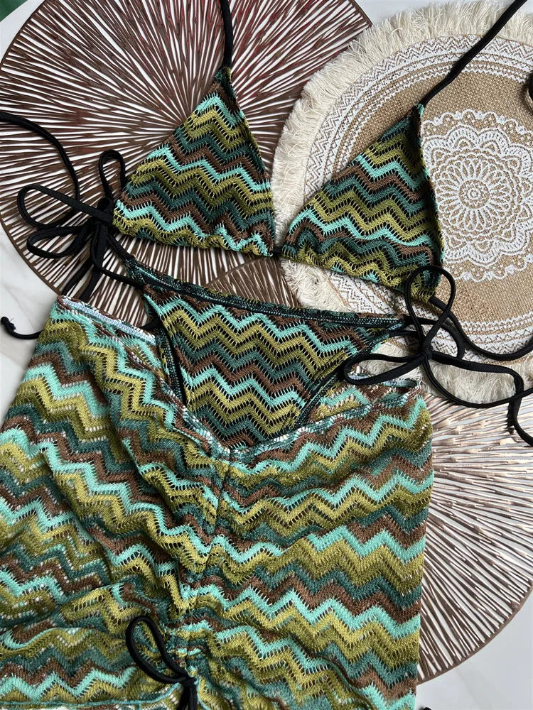 #47 Swimsuit Colored Maple Leaves Knitted Bikini Skirt