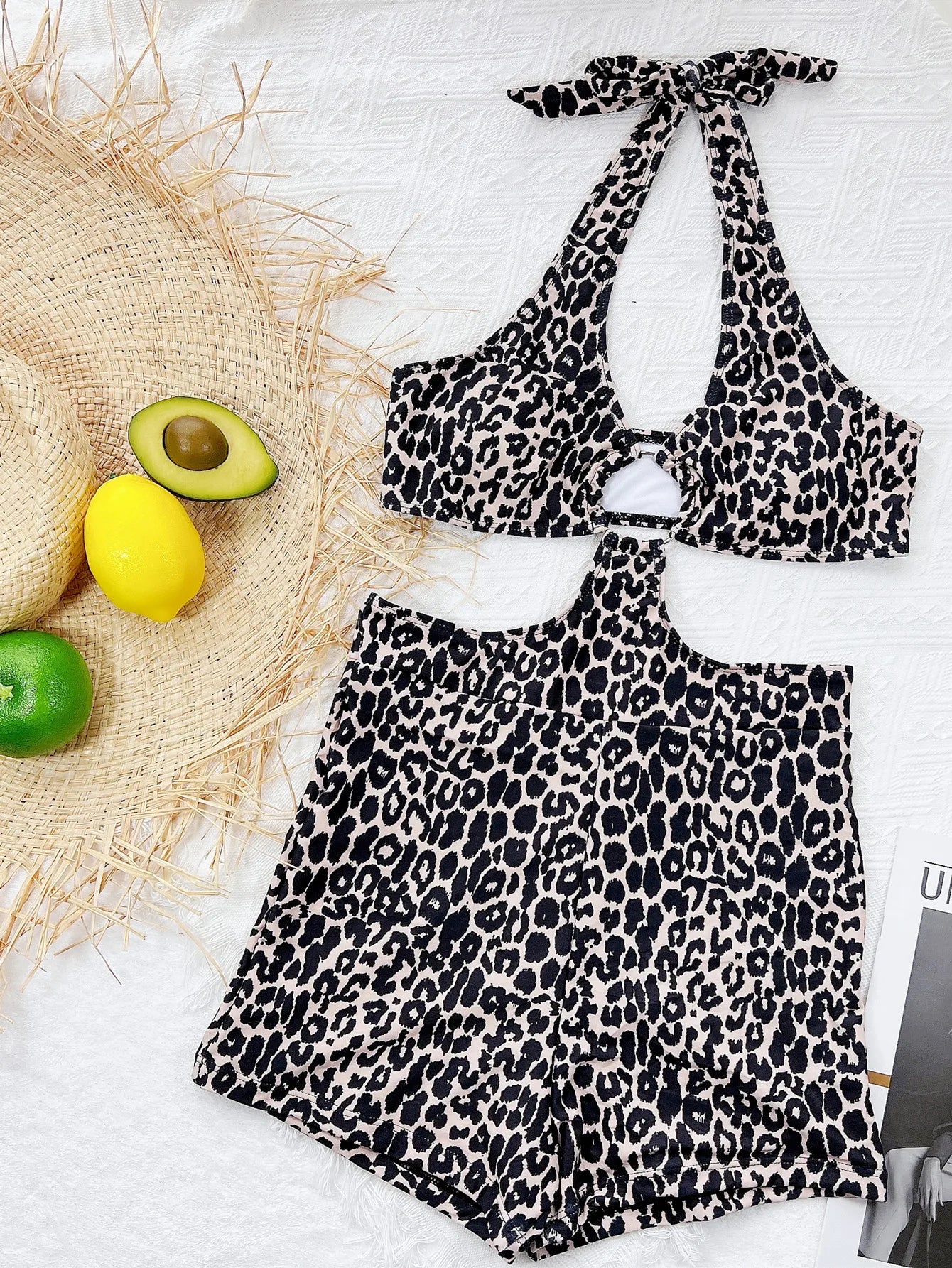 #129 Black Leopard Colorful Print High Waist Halter Bathing
