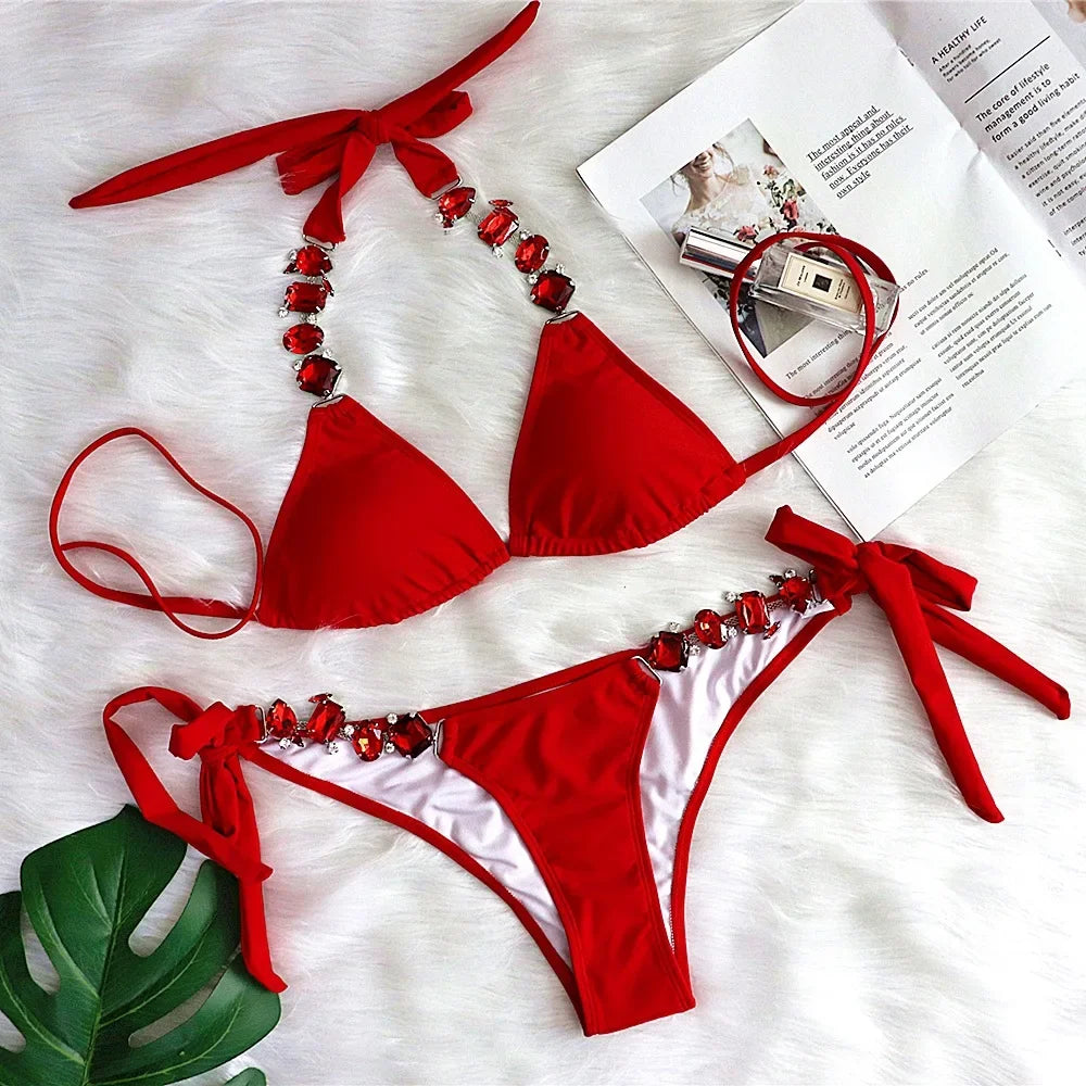 #105 Swimsuit Push Up Shiny Crystal Diamond Chain Bikinis