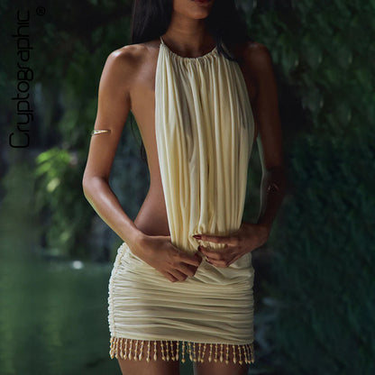#109 Cryptographic Embellished Halter Sexy Backless Mini Dress