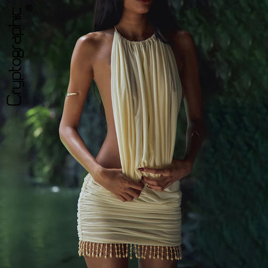 #109 Cryptographic Embellished Halter Sexy Backless Mini Dress