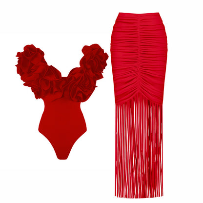 #50 High Quality Luxury Woman Swimsuit Flower Ruffle Solid