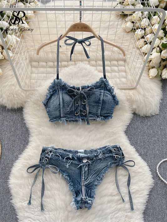 #140 Bikini Denim Suits Summer Halter Camis+ Mini Pant Lingerie