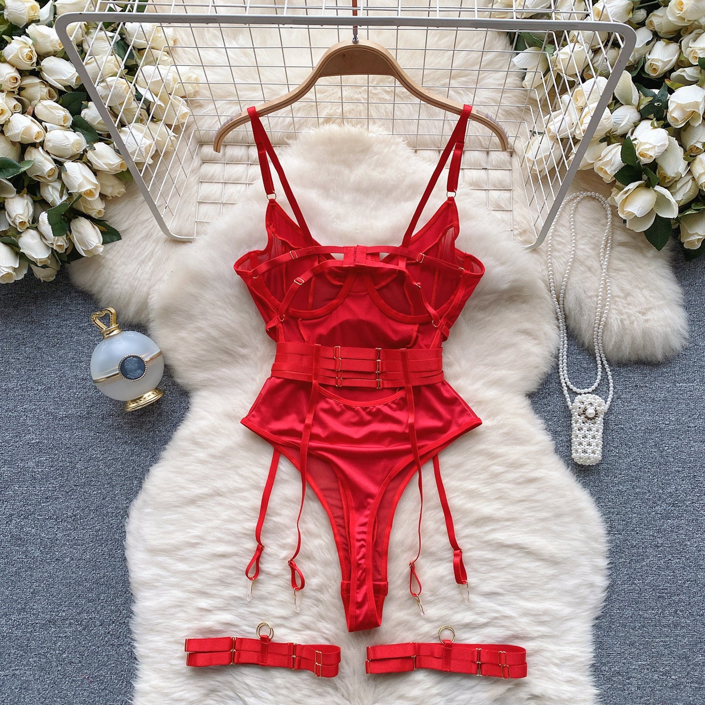#132 Women Hotsweet Mesh Vintage Straps Bodysuits