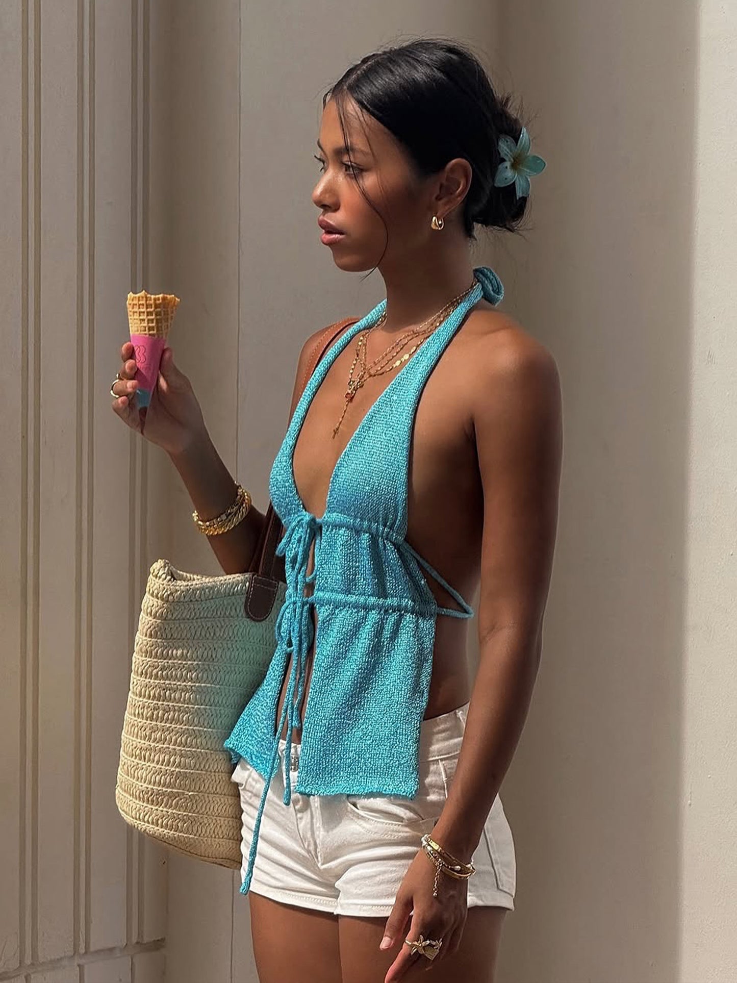 #148 Blue Halter Neck Backless Drawstring Camisole