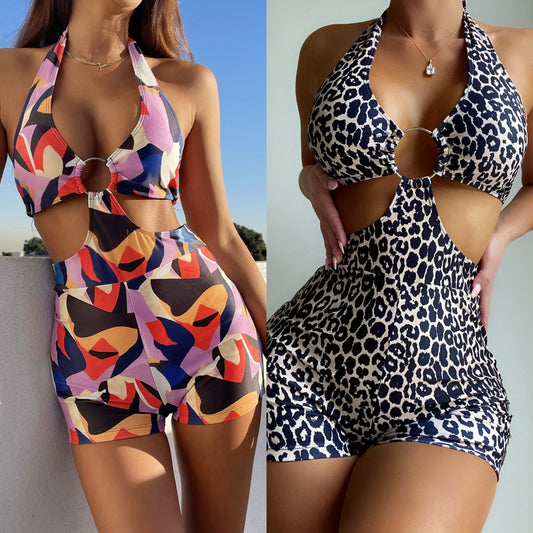 #129 Black Leopard Colorful Print High Waist Halter Bathing