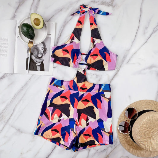 #129 Black Leopard Colorful Print High Waist Halter Bathing