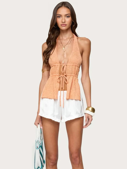 #148 Blue Halter Neck Backless Drawstring Camisole