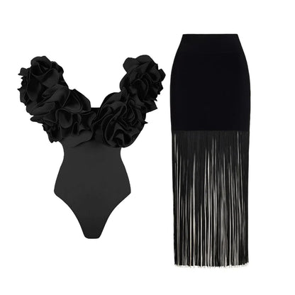 #50 High Quality Luxury Woman Swimsuit Flower Ruffle Solid