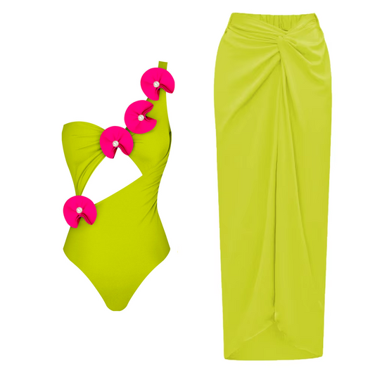 #51 Flower One Piece Swimsuit Skirt Shoulder Tassels