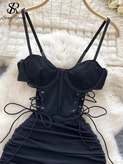 #149  Short Strap Dress Ladies Strapless Lace Up
