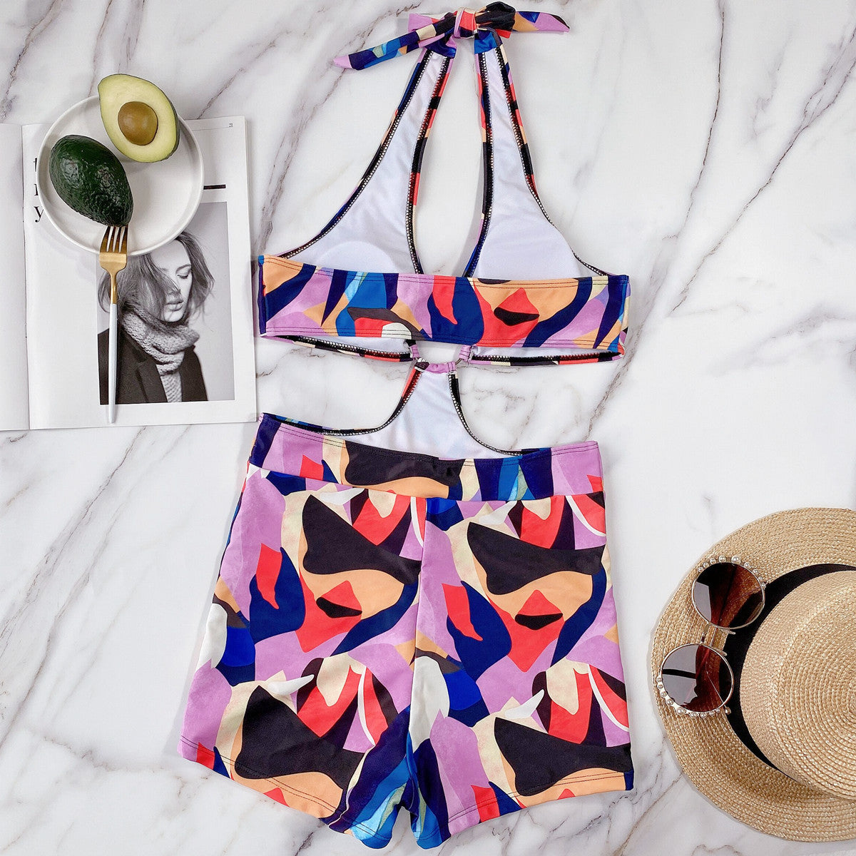 #129 Black Leopard Colorful Print High Waist Halter Bathing