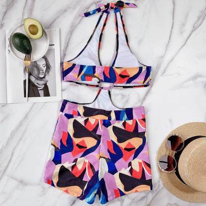 #129 Black Leopard Colorful Print High Waist Halter Bathing