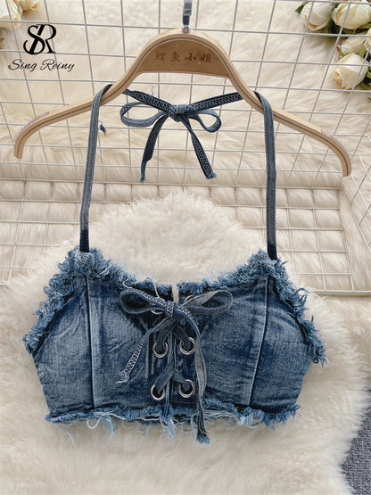 #140 Bikini Denim Suits Summer Halter Camis+ Mini Pant Lingerie