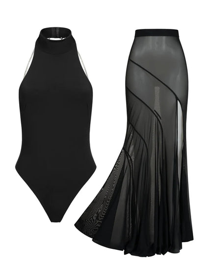 #34 Buckle Off Shoulder Bikini With Skirt Swimsuit