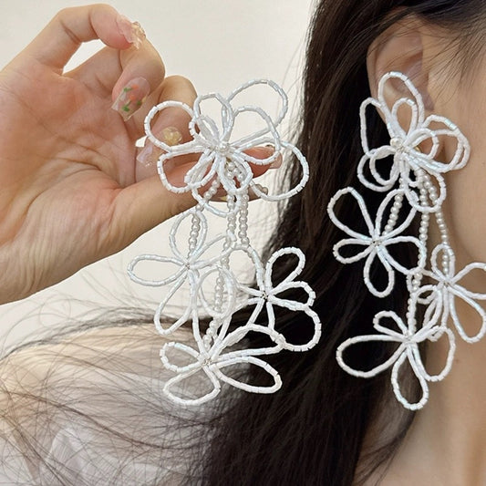 #76 New Korean Wedding Beaded Hollow Flower Earrings