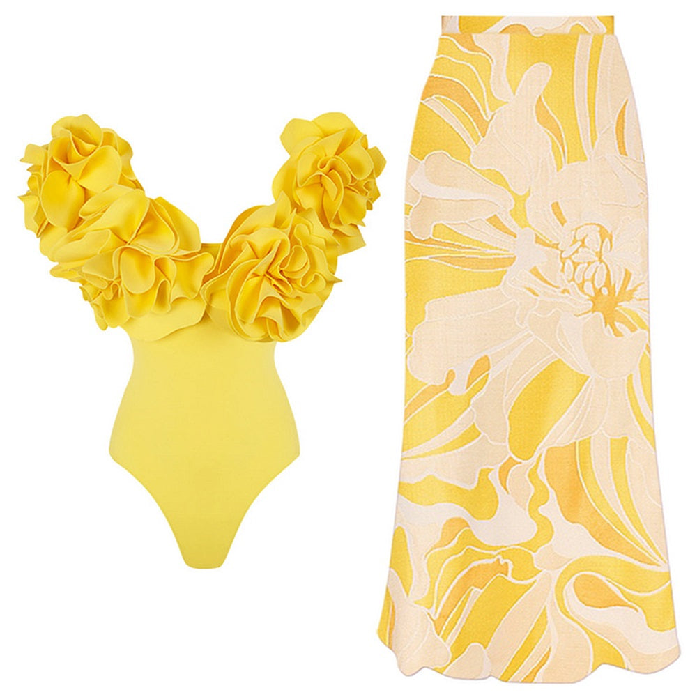 #50 High Quality Luxury Woman Swimsuit Flower Ruffle Solid