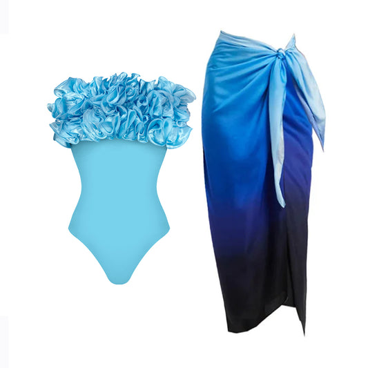 #50 High Quality Luxury Woman Swimsuit Flower Ruffle Solid