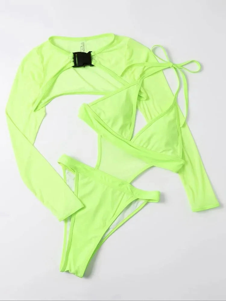 #8 Neon Long Sleeve High Cut Out Swimwear