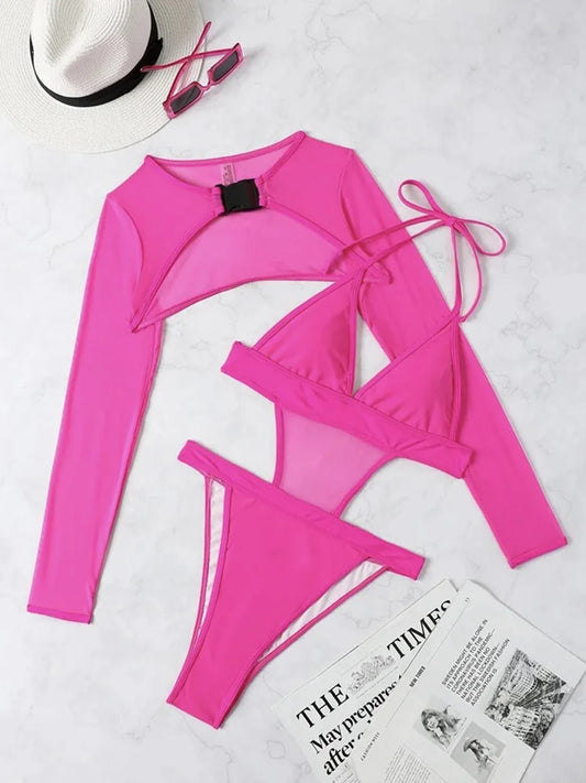 #8 Neon Long Sleeve High Cut Out Swimwear