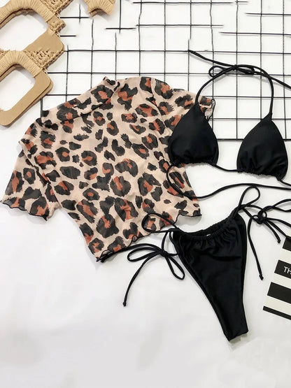 #27 Zebra Print Mesh Short Sleeve Halter Mini Micro Bikini