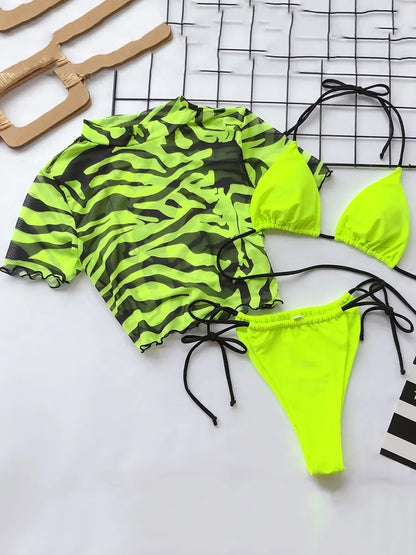 #27 Zebra Print Mesh Short Sleeve Halter Mini Micro Bikini