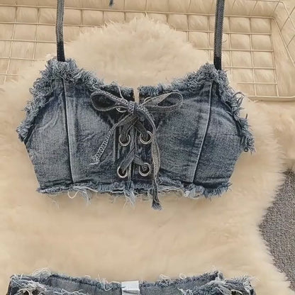 #140 Bikini Denim Suits Summer Halter Camis+ Mini Pant Lingerie